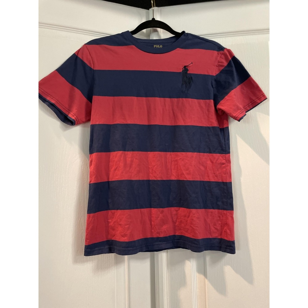 Polo Ralph Lauren Shirt Boys Large 14-16‎ Red Navy Rugby Striped Big Pony Tee